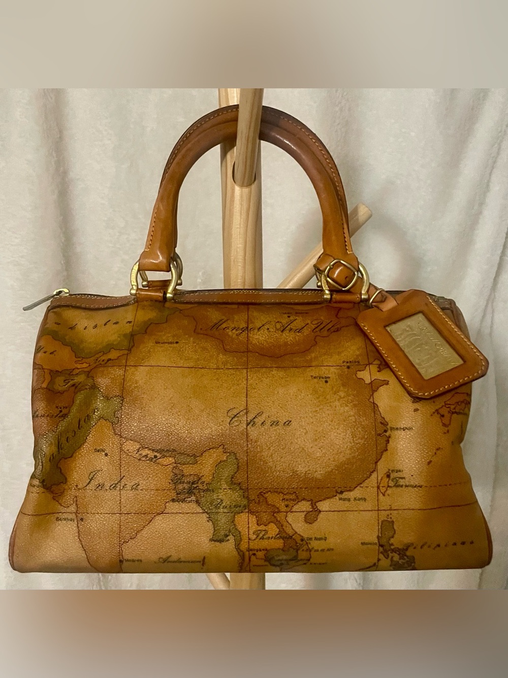 Alviero Martini Tan and Brown Map-Print Satchel